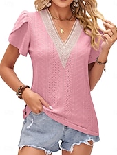 cheap Plain tee-Women's Texture Blouse Eyelet Top Pointelle Tee Blouse Hollow Out Color Block Active Stylish Short Sleeve V Neck Regular Tops Casual Daily Outdoor White Pink Summer Spring