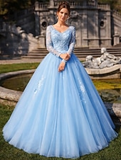 abordables Robes Longues &amp; Gowns-Robe de Bal Longueur Plancher Robes de Promo Princesse Bouffante Manches Longues Col en V Performance Quinceanera avec Cristaux Appliqués