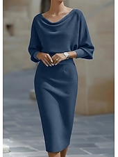 abordables Robes de Diplôme-Femmes Robe Midi Robe moulante Robes semi-formelles Bureau Coupe régulière Uni Manche 3/4 Col Bateau Bleu Noir Blanche Rouge Été Printemps Automne