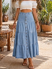 abordables Jupes unies-Femmes Jupe de vacances Mode Occasionnel Maxi Taille Moyenne Jupes Patchwork Non Elastique Bleu Été