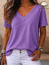 cheap Basic Women's Tops-SoftFade™ Women's 100% Cotton T Shirt Cotton Acid Wash Vintage Fashion Stylish Short Sleeve V Neck Regular Tops Casual Daily Going out Blue Purple / Blue Black Purple Orange Summer Spring