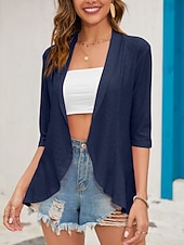 זול ז'קטים מזדמנים-בגדי ריקוד נשים ז'קט קז'ואל נוח נושם לגזור יום יומי אחיד חופשה רחוב לבוש יומיומי ליציאה חזית פתוחה רגיל ללא צווארון רגיל שרוול 4\3 הלבשה עליונה שחור לבן ורוד מסמיק אביב סתיו