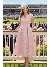 abordables Longitud a la altura del tobillo-Corte A Vestidos Hasta el Tobillo Vestido Cóctel Vestido Invitada Boda Vestido de Madrina Manga Corta Escote en Pico Escote Barco Elegante Casual Formal con Bordados Apliques
