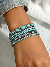 billiga Damarmband-Bohemiskt turkost armbandsset för kvinnor, lager-på-lager pärlhalsband för strandsemester, resortkläder, avslappnade sommarkläder och vardaglig bohemisk styling