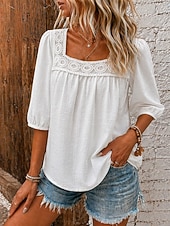  Women's Linen-feel Shirts Blouse Lace Trim Solid Color Daily Stylish Basic 3/4 Length Sleeve Square Neck Regular Tops Casual Daily Blue White Pink Navy Blue Green Summer Spring Fall