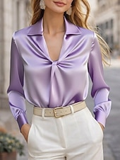 abordables Blusas Sencillas-Mujer Top de satén Blusa Tops de Seda Frunce Plano Elegante Diario Casual Manga Larga Escote en Pico Cuello Camisero Tops regulares Diario Negro Blanco Azul cielo Púrpula Claro Albaricoque Primavera