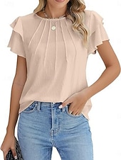 voordelige Effen t-shirt-Dames T-shirt Met ruches Effen Elegant Modieus Stijlvol Korte mouw Strakke ronde hals Normale tops Dagelijks Uitgaan Weekend Zwart Wit Marineblauw Groen Abrikoos Zomer Lente