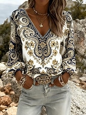 economico Arte &amp; Design Bluse-Per donna Camicia Grafico Geometrico Paisley Bohemien Vacanza Vintage Manica Lunga Scollo a V Top Regolari Casuale Quotidiano Ferie Blu / nero Rosa Blu scuro Beige Estate Primavera