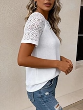 economico Top in Pizzo-Per donna Maglietta Maglietta in pizzo Pizzo Patchwork Semplice Moda Elegante Classico Manica Corta Girocollo Top Regolari Quotidiano Uscire Weekend Nero Bianco Grigio Estate Primavera