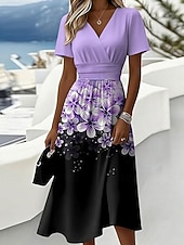 cheap Elegant Floral Dresses-Women's Midi Dress A Line Dress Vacation Casual Boho Regular Fit Floral Graphic Short Sleeve V Neck Blue White Purple Orange Summer Spring