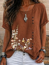 baratos Camiseta floral-Women's Blouse Buttons Floral Graphic Elegant Vintage Daily Short Sleeve Crew Neck Regular Tops Casual Daily Holiday Blue Grass Green White Yellow Pink Summer Spring