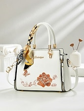 Χαμηλού Κόστους Τσάντακι &amp; Totes-Γυναικεία τσάντα χειρός με κέντημα και λουλούδι, με διακοσμητικό κασκόλ, από συνθετικό δέρμα, σε πολλά χρώματα, κομψό, casual στυλ, ιδανική για καθημερινή χρήση, γραφείο και κοινωνικές συγκεντρώσεις.