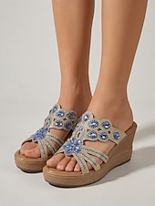 economico Donne-Sandali con zeppa da donna con strass – ciabatte con plateau decorate con motivi floreali scintillanti, comode scarpe estive per vacanze all'aperto, passeggiate in spiaggia e abbigliamento da resort.