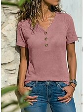 abordables Camiseta lisa-Mujer Camiseta Tops de punto gofre Camiseta superior Botones Color sólido Moda Elegante Clásico Manga Corta Escote en Pico Tops largos Diario Noche Fin de semana Azul Piscina Amarillo Rosa Verde