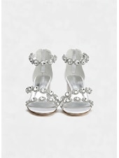 abordables Sandalias de tacón-Sandalias de tacón cuadrado de satén azul para mujer: zapatos de noche adornados con diamantes de imitación y correa en el tobillo para banquetes formales y cócteles.