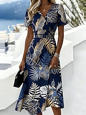 Χαμηλού Κόστους Casual Floral Φορέματα-Γυναικεία Μίντι φόρεμα Φόρεμα ριχτό Διακοπές Καθημερινό Μπόχο Καθημερινά Καλοκαιρινό φόρεμα Ανοιξιάτικο φόρεμα Κανονικό Φλοράλ Γραφική Κοντομάνικο Στρογγυλή Ψηλή Λαιμόκοψη Λαιμόκοψη V