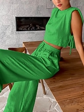Недорогие Наборы-Women's Cotton Linen Sets Two Piece Sets Camis Sleeveless Crew Neck Plain Vacation Fashion Streetwear Casual Daily Outdoor Orange Brown Green Summer Regular Fit