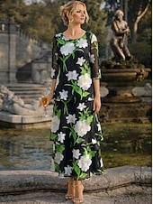 billige Ankellengde-A-linje Kjoler Ankellengde Festkjole Cocktail Kjole Kjole til brudens mor Halvlange ermer Øsehals Elegant Årgang Formell Bryllupsgjest Ferie Chiffon med Blomstertrykk Drapert Broderi