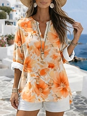 Χαμηλού Κόστους Λουλουδάτες μπλούζες-Γυναικεία Μπλούζα Στάμπα Φλοράλ Γραφική Βίντατζ Καθημερινά Στυλάτο Μακρυμάνικο Λαιμόκοψη V Κανονικά μπλουζάκια Causal Καθημερινά Αργίες Θαλασσί Κίτρινο Βυσσινί Πορτοκαλί Καλοκαίρι Άνοιξη