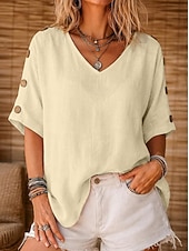 economico Camicie-Per donna Camicia Camicie di cotone e lino Blusa Bottoni Tinta unica Essenziale Casual Manica Corta Manica a pipistrello Collo a U Top Regolari Casuale Quotidiano Bianco Giallo Verde chiaro Rosa Rosso