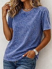  Damen T-Shirt 100% Baumwolle Vintage Gewaschene Oberteile T-Shirt Top Schlicht Vintage Mode Stylisch Kurzarm Rundhals Reguläre Oberteile Alltag Ausgehen Wochenende Blau Schwarz Lila Fuchsia Orange