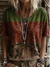 economico T-shirt Boho-Per donna Maglietta Stampato Floreale Grafico Geometrico Vintage Elegante Casual Manica Corta Scollo a V Top lunghi Casuale Quotidiano Weekend Blu Viola / Blu Nero Giallo Vino Estate Primavera