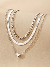 economico Collana da donna-Set di collana da donna con ciondolo a cuore a strati in lega, collana girocollo a catena multipla oro e argento per vacanze al mare, abbigliamento casual quotidiano, viaggi e stile minimalista.