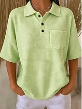 cheap Plain tee-Women's Waffle Shirt Summer Tops Pocket Buttons Solid Color Vintage Stylish Sleeveless Half Sleeve Polo Collar Regular Tops Casual Daily Outdoor Yellow Pink Red Green Summer Spring Fall