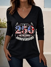  T-shirt femme américaine du jour de l'indépendance impression graphique drapeau national géométrique élégant vintage stylé à manches longues col rond col en V hauts réguliers quotidien weekend bleu