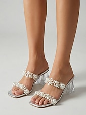 economico Sandali con tacco-Eleganti sandali da donna color argento con decorazioni di perle finte - sandali trasparenti chic per serate in resort e matrimoni in spiaggia &amp;galà estivi