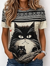 economico Maglietta Animali-Per donna Maglietta Stampato Grafico Animale Gatto Vintage Elegante Classico Manica Corta Girocollo Top Regolari Casuale Quotidiano Weekend Bianco e nero Bianco Rosso Estate Primavera Autunno Inverno
