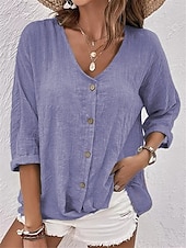 voordelige Effen Blouses-Women's Casual Shirt Beach Shirt Button Up Shirt Blouse Solid Color Plain Vacation Fashion Casual V Neck Regular Tops Streetwear Beach Holiday Blue Pink Purple Green Khaki Summer Spring Fall