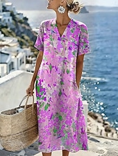 preiswerte Blumenkleider-Damen Midikleid Sommerkleid Freizeitkleid Urlaub Lässig Strand Strand Lässiger Schnitt Blumen Grafik Kurzarm V Ausschnitt Blau Gelb Rosa Purpur Sommer Frühling