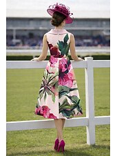 cheap Tea Length-A-Line Tea Length Derby Dress Mother of the Bride Dress Sleeveless Bateau Neck Elegant Vintage Kentucky Derby Satin with Flower Print