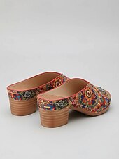 abordables Sandales à talons-Sandales à talons carrés imprimées style ethnique pour femmes – mules colorées à bout ouvert, idéales pour les vacances, les festivals et les tenues estivales décontractées.