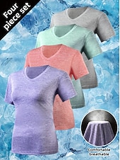 abordables T-shirt uni-Femmes T-shirt Couleur Unie Élégant Basique Manche Courte Col en V Hauts Réguliers Occasionnel Sports Week-end Noir Vert Claire Rose Claire Violet Claire Gris Clair Été Printemps