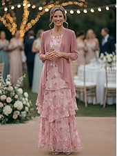cheap Mom's Dress Sets-Two Piece A-Line Floor Length Wedding Guest Dress Mother of the Bride Dress Sleeveless 3/4 Length Sleeve Scoop Neck Elegant Simple Minimalist Formal Semi Formal Chiffon Jacquard with Floral Print