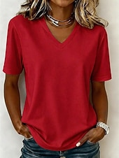  Femmes T-shirt Chemise en coton Couleur Unie Mode Élégant Basique Manche Courte Col en V Hauts Réguliers Occasionnel Quotidien Sortir Bleu Blanche Vert Claire Rose Claire Rouge Été Printemps