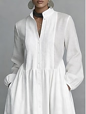 Недорогие Выпускные платья-Жен. Длинное платье Платье-рубашка Белое платье Платье на выпускной Элегантный стиль Мода Современное на открытом воздухе Отпуск На выход Стандартный Полотняное плетение Длинный рукав Вырез под горло