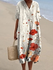 cheap Floral Dress-Women's Midi Dress Shift Dress Sundress Vacation Casual Beach Daily Going out Loose Fit Ombre Floral Graphic Short Sleeve V Neck Champagne Light Green Green Beige Summer Spring