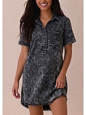 ieftine Rochie simplă-Rochie de damă până la genunchi, spălată, 90% bumbac, vintage, casual, mânecă scurtă, guler cămașă, albastru, negru, roz, vară, primăvară