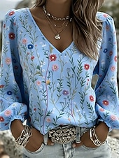 baratos Blusas Florais-Mulheres Camisa Social Imprimir Floral Gráfico Boêmia Férias Vintage Manga Longa Manga lanterna Decote V Tops regulares Casual Diário Feriado Azul Branco Amarelo Cinzento Verão Primavera