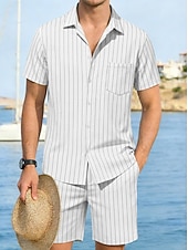 cheap Cotton Linen Shirt-Men Linen Shirt 2 Piece Shirt Set And Shorts Linen Shorts Beach Shorts Set Vertical Stripes Casual Daily Outdoor Turndown Short Sleeve Summer Fashion Casual Comfortable Clothing Apparel