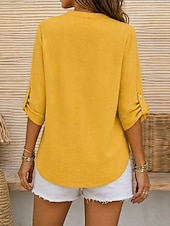 お買い得  ラグジュアリーシャツ-女性用 コットンリネンシャツ 夏のトップス ブラウス ドレッシーなトップス フリル パッチワーク ポケット 純色 平織り エレガント ヴィンテージ レディース 七分袖 Ｖネック シャツカラー ロングトップス カジュアル 日常 ワーク ブルー イエロー パープル グリーン カーキ色 夏 春