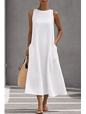 economico Abiti casual bianchi-Per donna Abito Midi Vestito Estivo Abito Bianco Abito da laurea Elegante Moda Classico Vacanza Vestibilità comoda Semplice Senza Maniche Girocollo Nero Bianco Giallo Grigio Estate Primavera