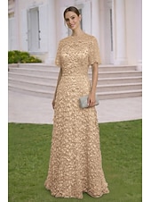 cheap Floor Length-A-Line Dress Floor Length Wedding Guest Dress Formal Dresses Evening Gown Mother of the Bride Dress Short Sleeve Crew Neck Elegant Simple Embellished Formal Lace with 3D Flowers