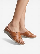 baratos Sandálias Confortáveis-Sandálias femininas marrons com suporte para o arco do pé – chinelos de dedo com tiras cruzadas irregulares, sandálias leves e acolchoadas para maior conforto, ideais para uso interno e caminhadas.