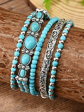 billiga Damarmband-Bohemiskt turkost armbandsset för kvinnor, lager-på-lager pärlhalsband för strandsemester, resortkläder, avslappnade sommarkläder och vardaglig bohemisk styling
