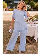  Жен. Комплекты из двух предметов Шифон С короткими рукавами Бабочка Квадратный вырез Сплошной цвет Полотняное плетение Многослойный Элегантный стиль Официальные Свадебный гость На каждый день