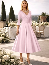 preiswerte Cocktailkleider-A-Linie Tee-Länge Cocktailkleider Partykleider Elegant Vintage Übergröße Dreiviertelarm V Ausschnitt Hochzeitsgast Satin mit Falten